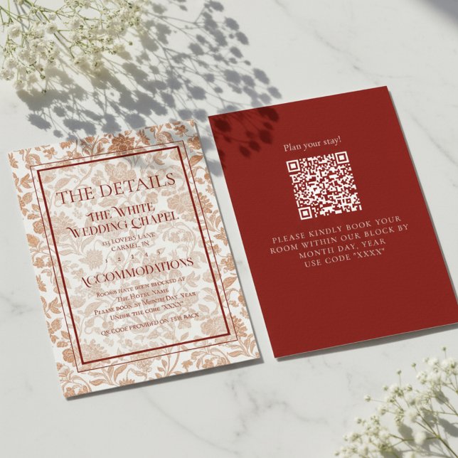 Carte D'accompagnement Élégants détails de mariage avec code QR Toile Fle (Formally invite guests to your big day with this Elegant Floral Toile QR Code Wedding Details Card!)