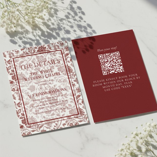 Carte D'accompagnement Élégants détails de mariage avec code QR Toile flo (Formally invite guests to your big day with this Elegant Floral Toile QR Code Wedding Details Card!)