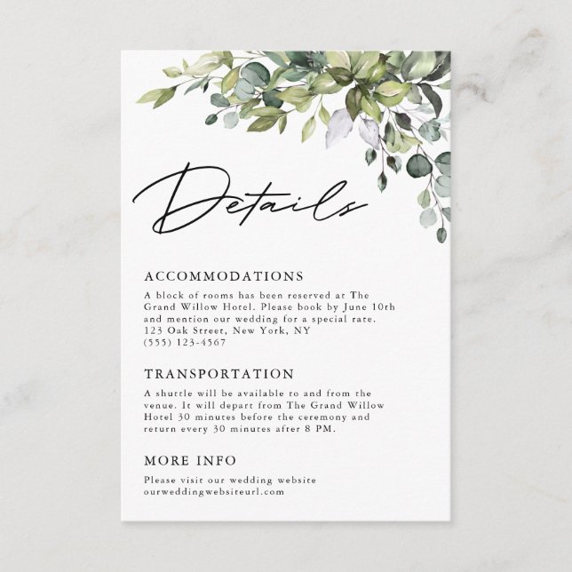 Carte D'accompagnement Élégants détails de mariage avec écriture et verdu (Devant)