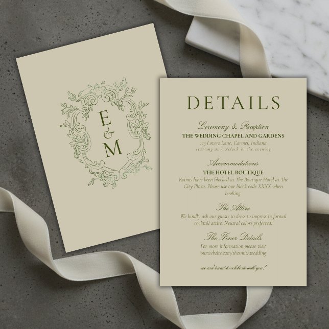 Carte D'accompagnement Élégants détails de mariage avec monogramme de bla (Elegant Sage Green Crest Monogram Wedding Details Enclosure Card)