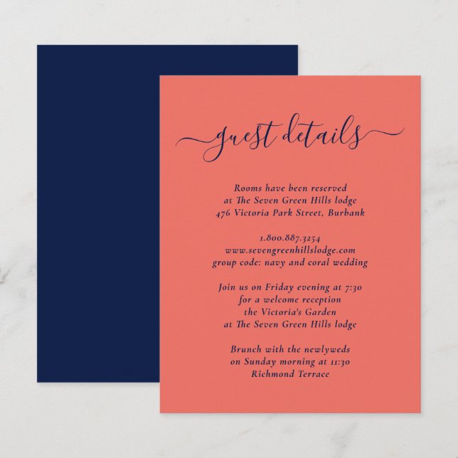 Carte D'accompagnement Élégants détails de mariage bleu marine et corail  (Devant / Derrière)