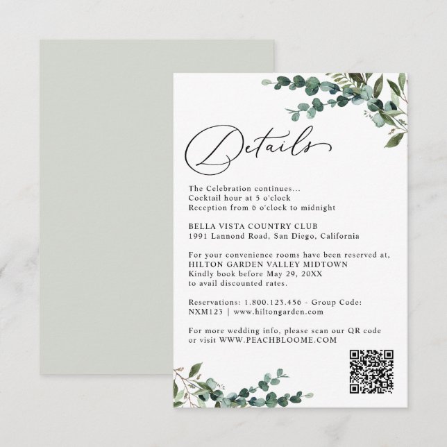 Carte D'accompagnement Élégants détails de mariage code QR de verdure bot (Devant / Derrière)
