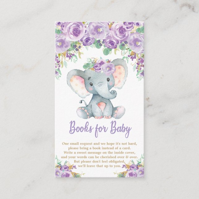 Carte D'accompagnement Élément bébé éléphant floral violet Apporte un liv (Devant)
