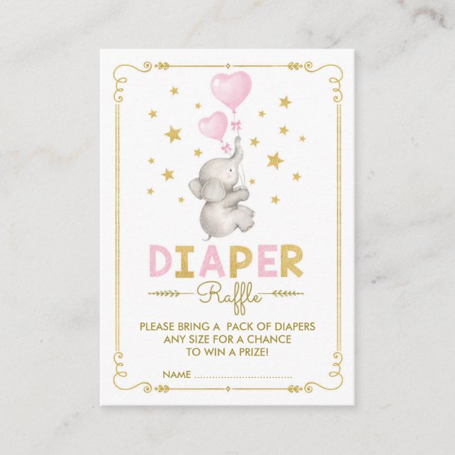 Carte D'accompagnement Eléphant Baby Girl Diaper Raffle Rose Gold Stars (Devant)