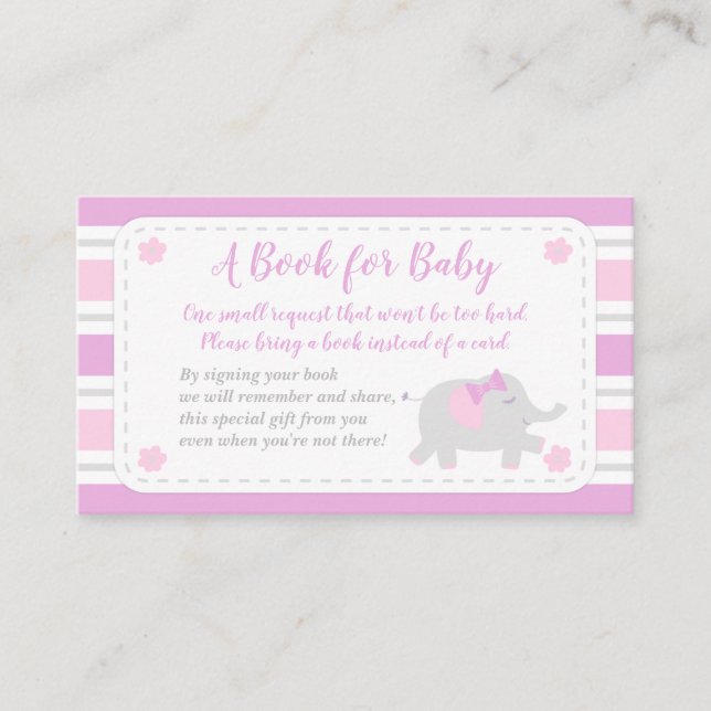 Carte D'accompagnement Elephant Baby shower Girl Apporte Un Livre | Rose (Devant)