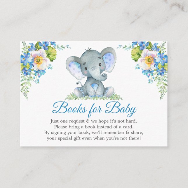 Carte D'accompagnement Elephant Blue Floral Baby showers Livres Pour Bébé (Devant)