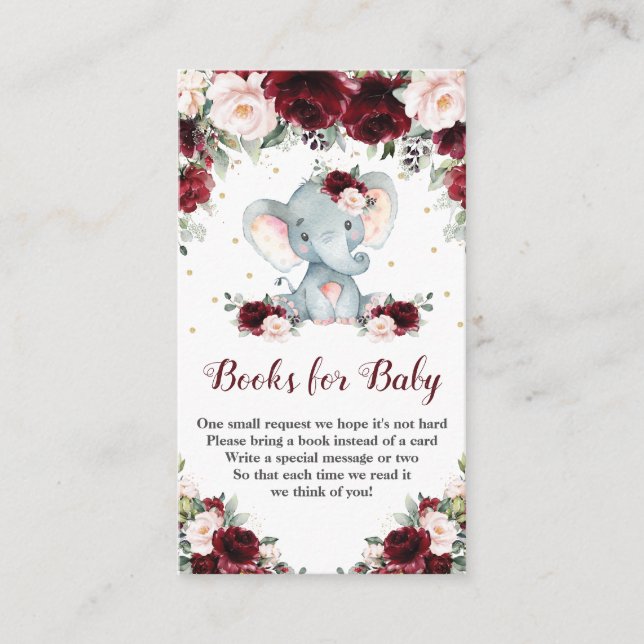 Carte D'accompagnement Elephant Burgundy Blush Floral Livres pour bébé (Devant)