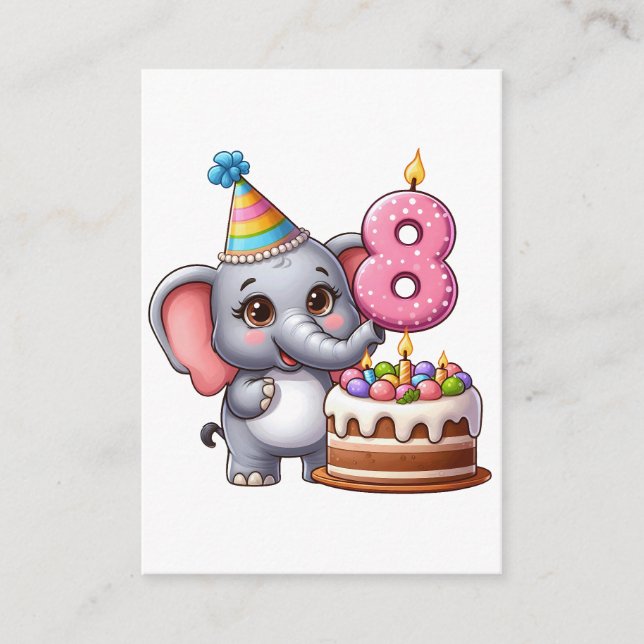 Carte D'accompagnement Éléphant Mignon 8ème Anniversaire (Devant)