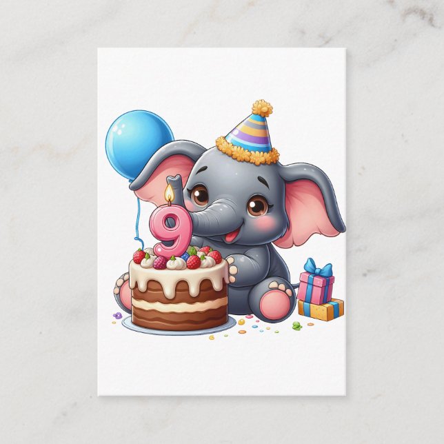 Carte D'accompagnement Éléphant Mignon 9ème Anniversaire (Devant)