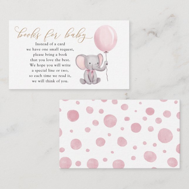 Carte D'accompagnement Eléphant rose avec des livres à ballons pour bébé (Devant / Derrière)