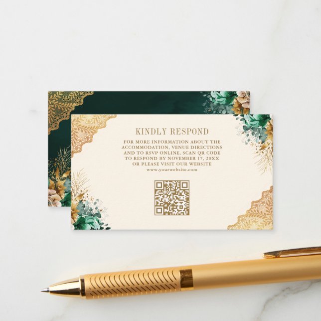 Carte D'accompagnement Emerald Floral Gold Lace Cream Mariage QR Code (Devant/Arrière en situation)