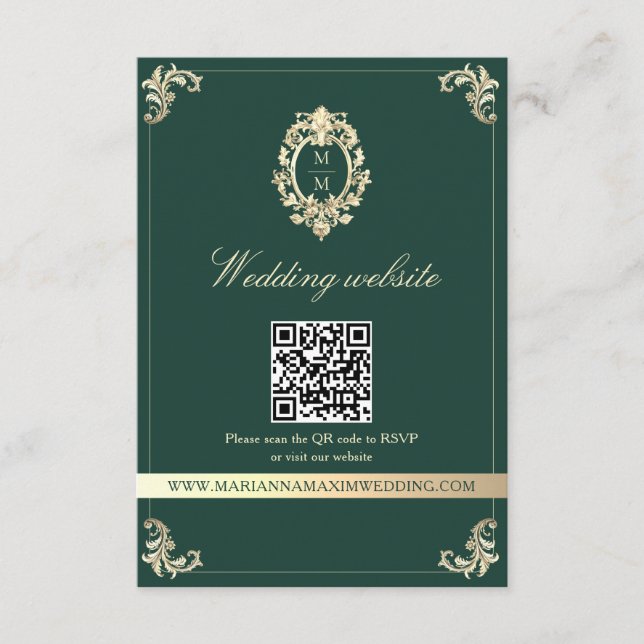 Carte D'accompagnement Emerald Gold Baroque Wedding Website QR Card (Devant)