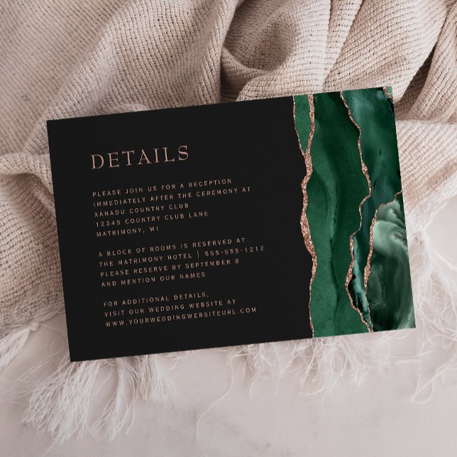 Carte D'accompagnement Emerald Green Agate Rose Gold Dark Mariage Détails (Créateur téléchargé)