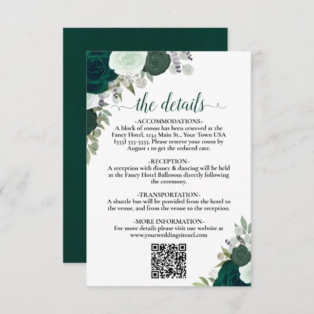 Carte D'accompagnement Emerald Green Boho Roses Détails Mariage QR Code (Devant / Derrière)