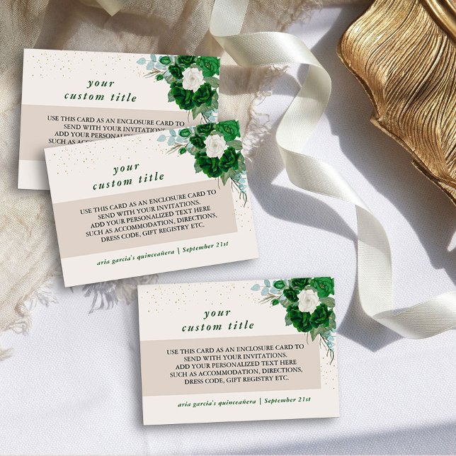 Carte D'accompagnement Emerald Green et Ivory Rose Détails personnalisés (Custom enclosure cards from the Royal Rose Emerald Green Quinceanera Collection by Darling & May)