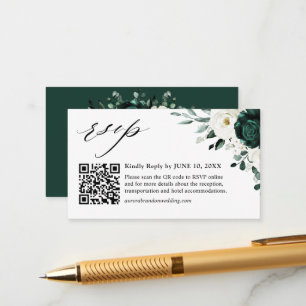 Carte D'accompagnement Emerald Green Eucalyptus Blanc Floral Code QR