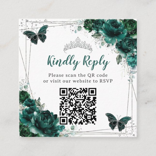Carte D'accompagnement Emerald Green Floral Silver Quinceañera QR Code (Devant)