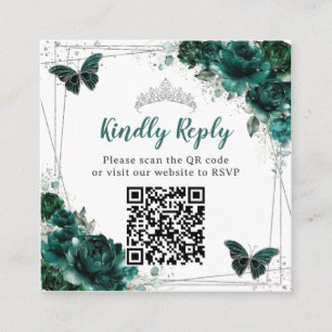 Carte D'accompagnement Emerald Green Floral Silver Quinceañera QR Code