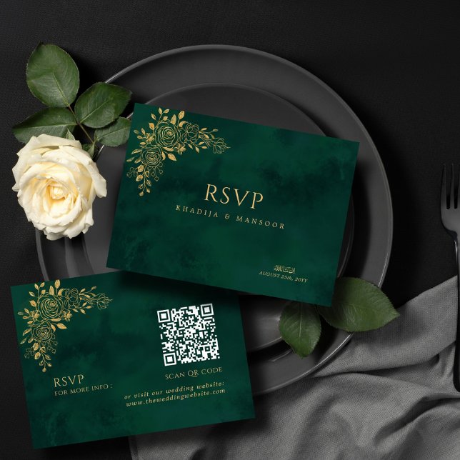 Carte D'accompagnement Emerald Green Gold Floral QR code Mariage RSVP (Créateur téléchargé)