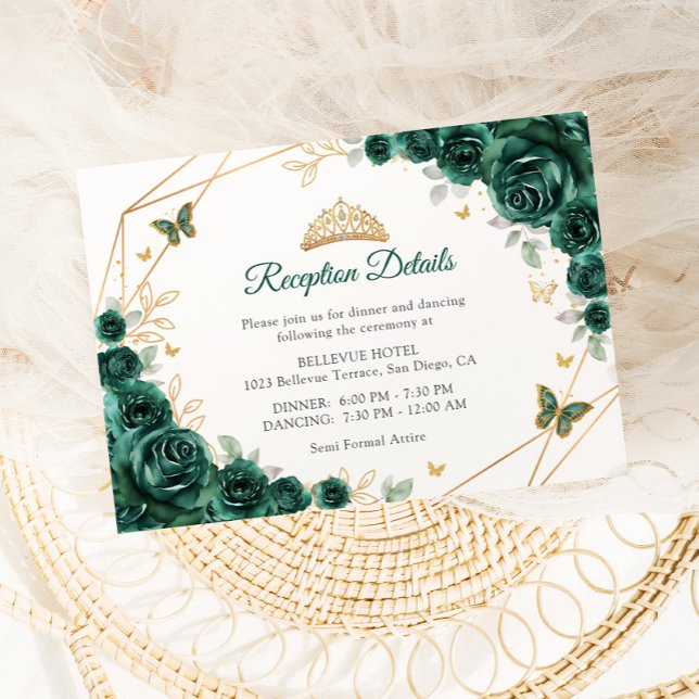 Carte D'accompagnement Emerald Green Gold Floral Quinceanera Détails (Créateur téléchargé)