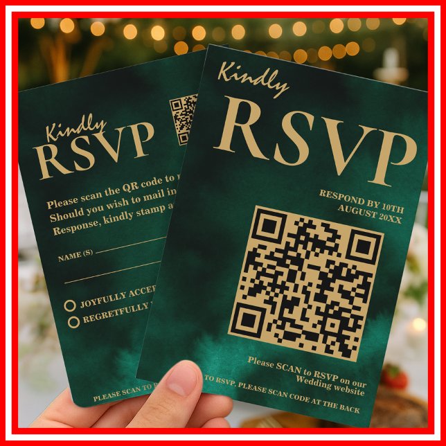 Carte D'accompagnement Emerald Green & Gold Mariage QR Code RSVP (Créateur téléchargé)