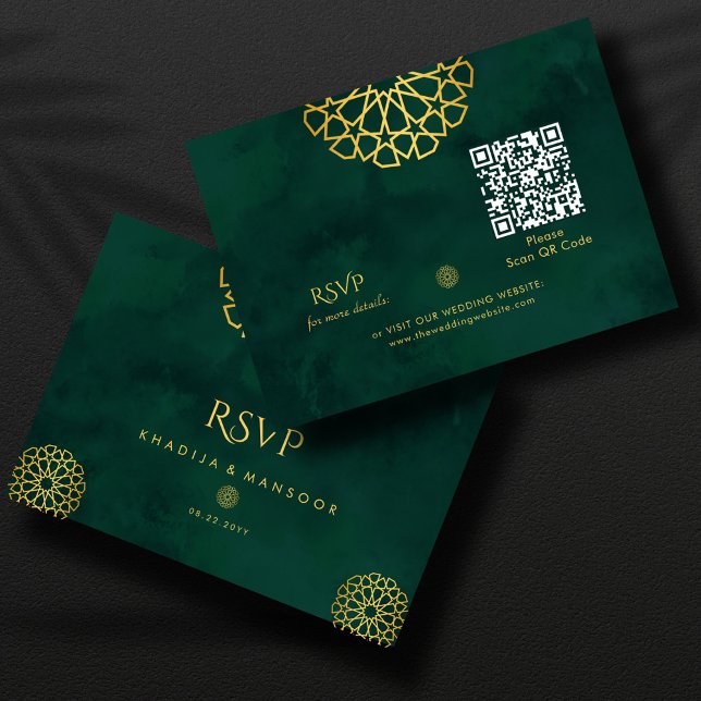 Carte D'accompagnement Emerald Green Gold Ornate QR code Mariage RSVP (Créateur téléchargé)