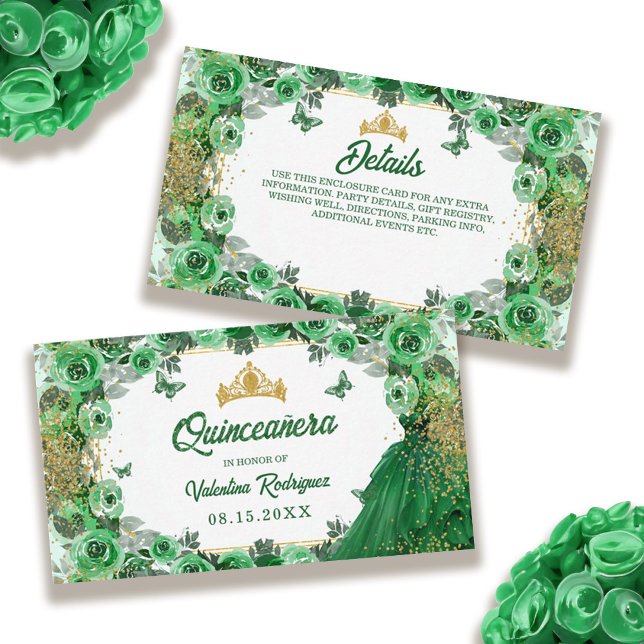 Carte D'accompagnement Emerald Green Gold Parties scintillant Floral Quin (Emerald Green Gold Glitter Floral Quinceanera Enclosure Card)