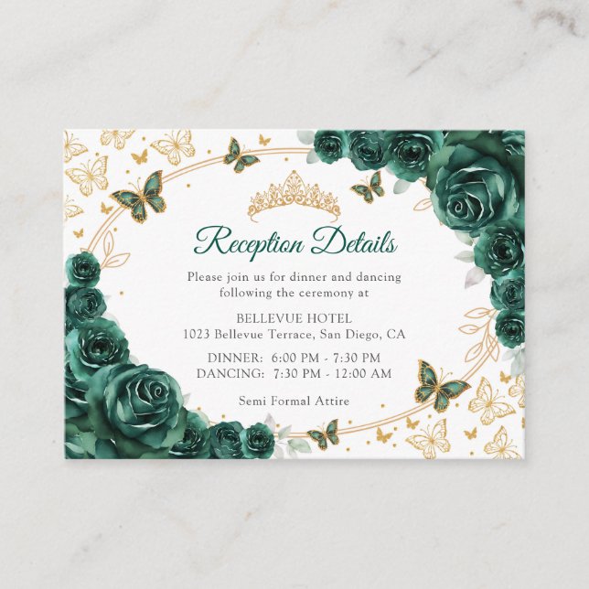 Carte D'accompagnement Emerald Green Gold Quinceanera Reception Details (Devant)