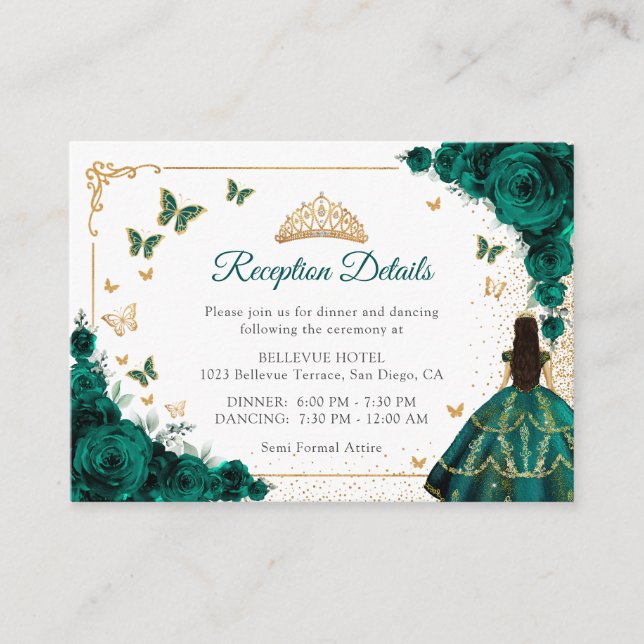 Carte D'accompagnement Emerald Green Gold Quinceanera Reception Details (Devant)