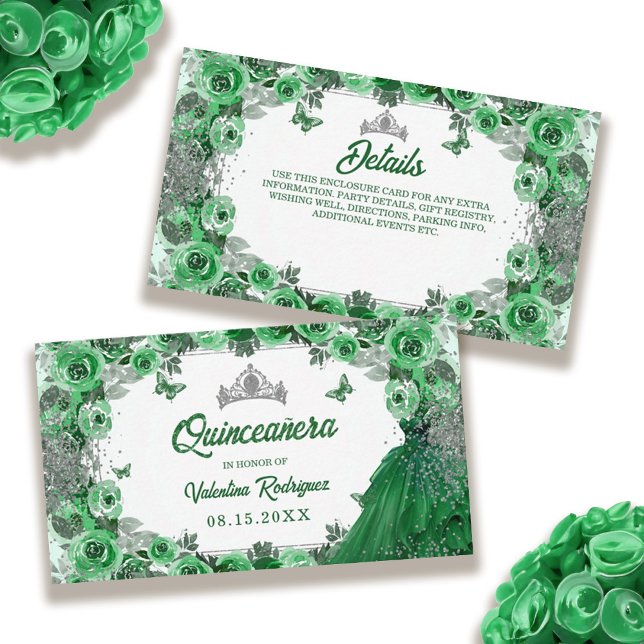 Carte D'accompagnement Emerald Green Parties scintillant argenté Floral Q (Emerald Green Silver Glitter Floral Quinceanera Enclosure Card)
