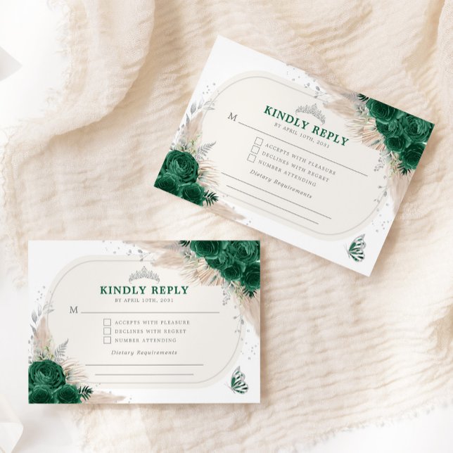 Carte D'accompagnement Emerald Green Quinceanera Tiara RSVP (Créateur téléchargé)