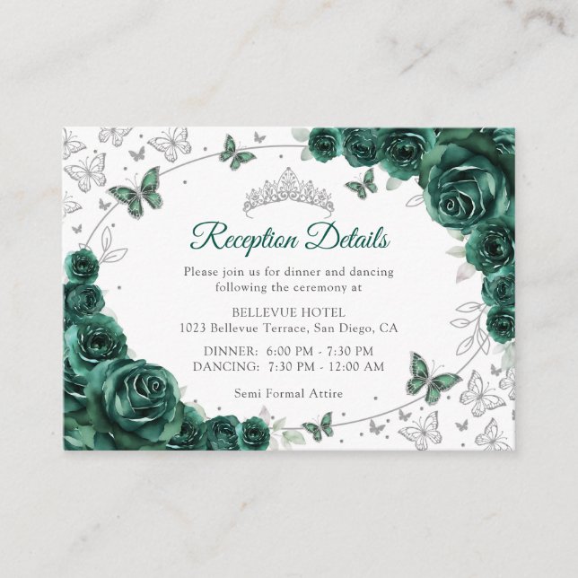 Carte D'accompagnement Emerald Green Silver Quinceanera Reception Details (Devant)
