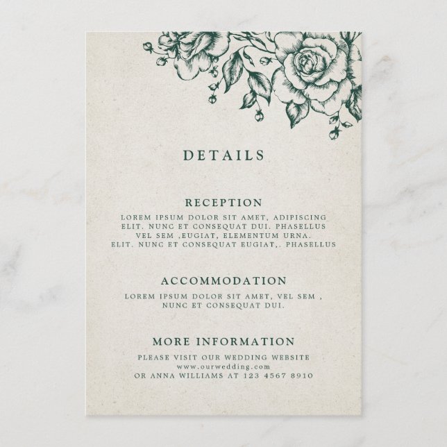 Carte D'accompagnement Emerald Greenery Mariage botanique Vintage Détails (Devant)
