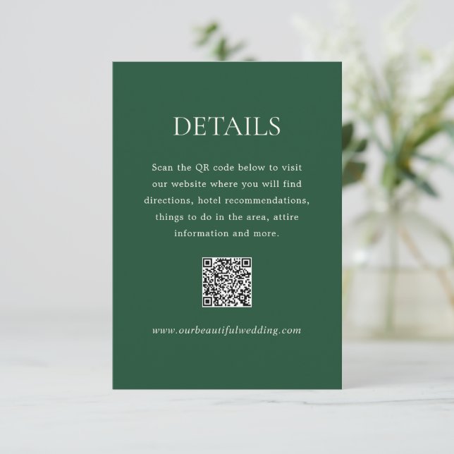 Carte D'accompagnement Emerald vert QR Code moderne Mariage élégant (Debout devant)