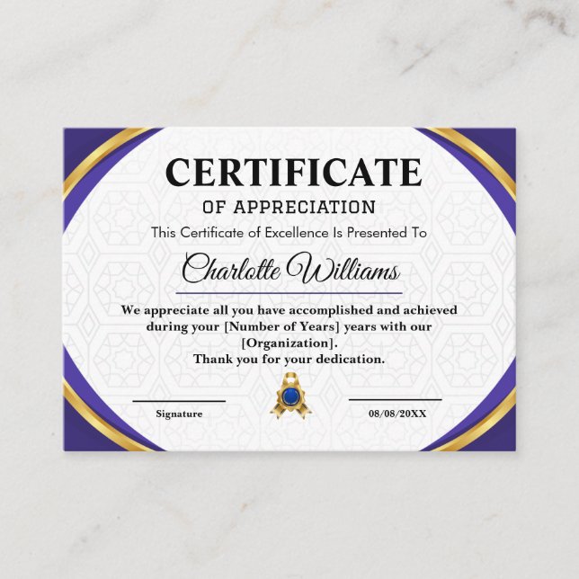 Carte D'accompagnement Employee Recognition Appreciation Gold Certificate (Devant)