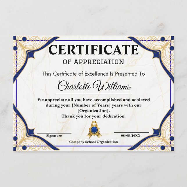 Carte D'accompagnement Employee Recognition Certificate Blue Gold (Devant)