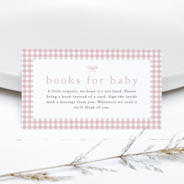 Carte D'accompagnement en vichy Dusty Pink Girls Livres pour le Baby show (Dusty pink bow gingham girls books for baby shower  enclosure cards.)