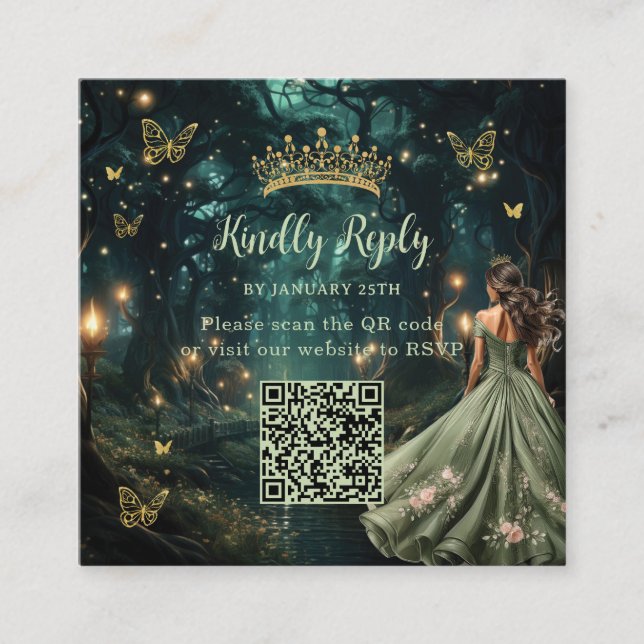 Carte D'accompagnement Enchantée Forêt Vert Quinceañera QR RSVP (Devant)