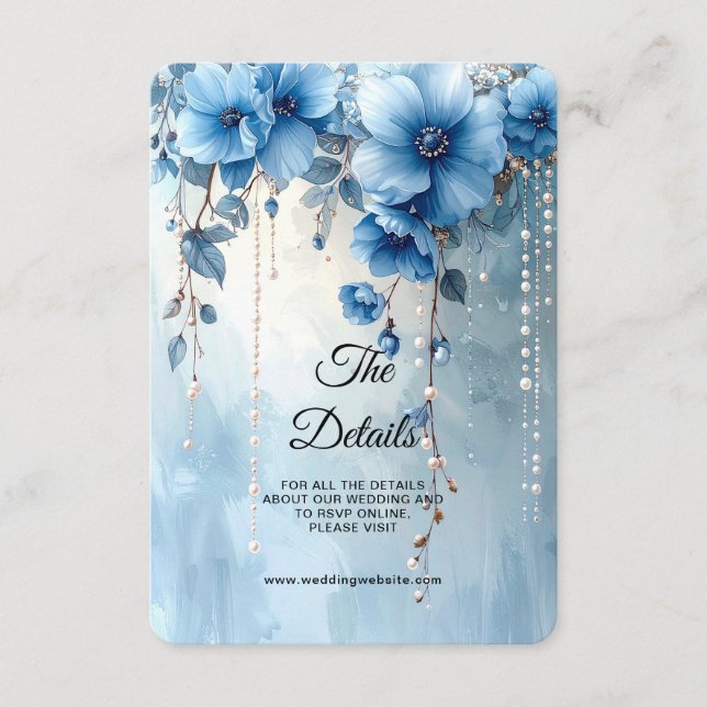 Carte D'accompagnement Enclosure à détail de fleurs bleues et perles (Devant)