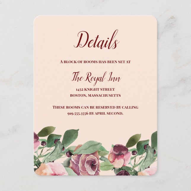 Carte D'accompagnement Enclosure aquarelle florale bordeaux et pêche (Devant)