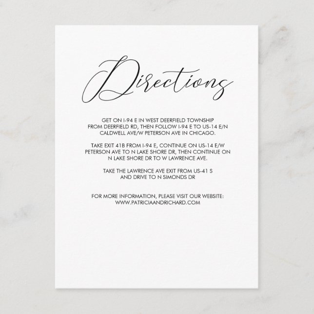 Carte D'accompagnement Enclosure de directions de mariage en écriture mod (Devant)