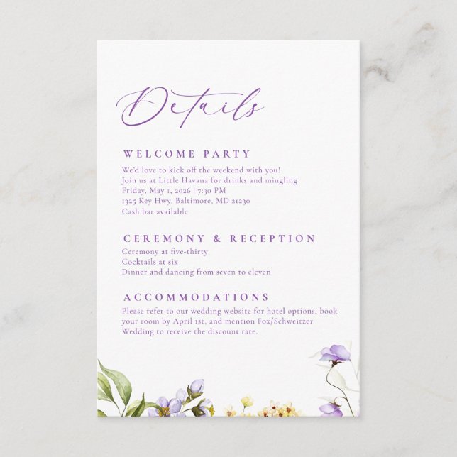 Carte D'accompagnement Enclosure de mariage floral violet élégant (Devant)