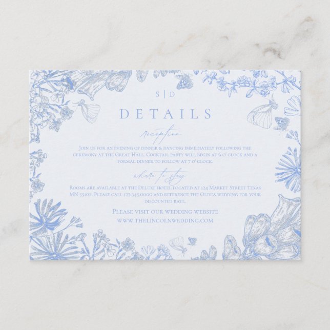 Carte D'accompagnement Enclosure de mariage florale bleue et blanche clas (Devant)