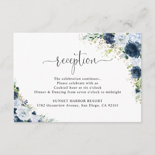 Carte D'accompagnement Enclosure de réception de mariage floral Navy bleu (Devant)