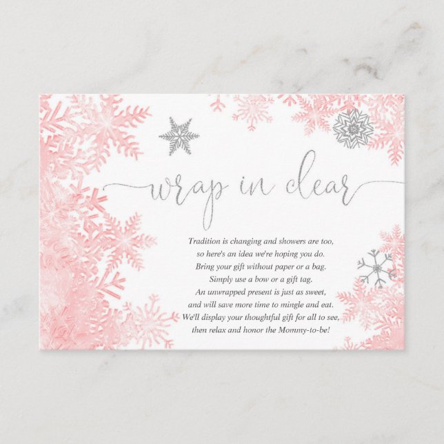 Carte D'accompagnement Envelopper le baby shower de flocons d'argent rose (Devant)