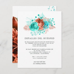 Carte D'accompagnement Espagnol Turquoise et Coral Mariage Détails sur le