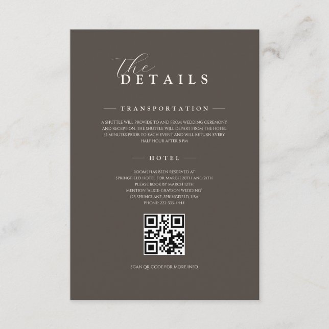 Carte D'accompagnement Espresso Classic Minimalist Wedding QR Details (Devant)