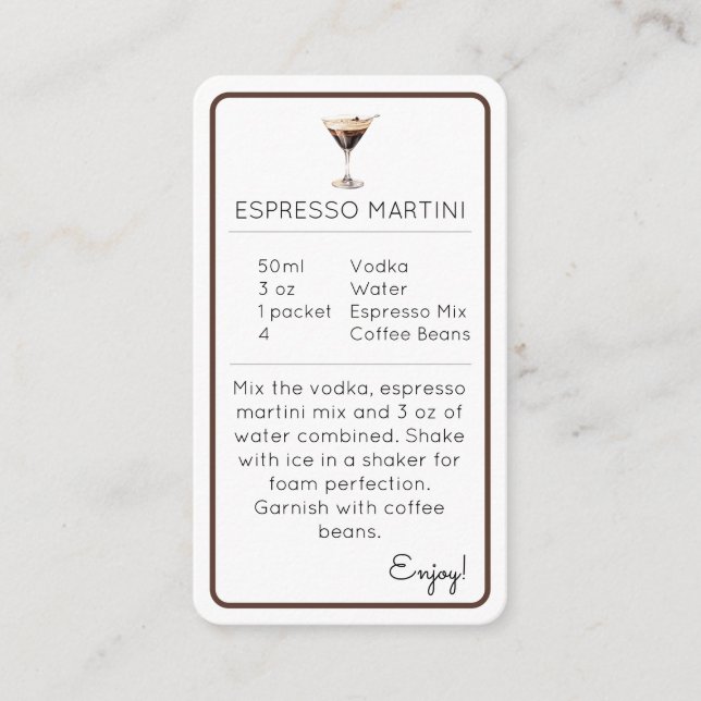 Carte D'accompagnement Espresso Martini Mini Cocktail Recipe Card (Devant)