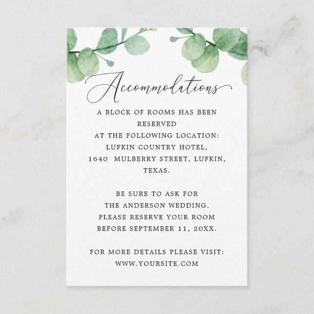 Carte D'accompagnement Eucalyptus Accommodations | Wedding Hotel Info (Devant)