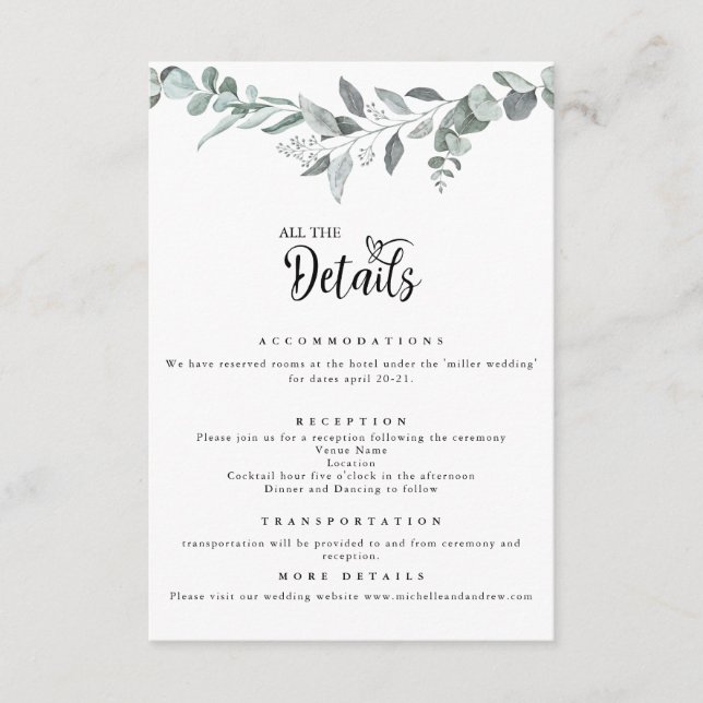 Carte D'accompagnement Eucalyptus botanique | Détails de mariage (Devant)